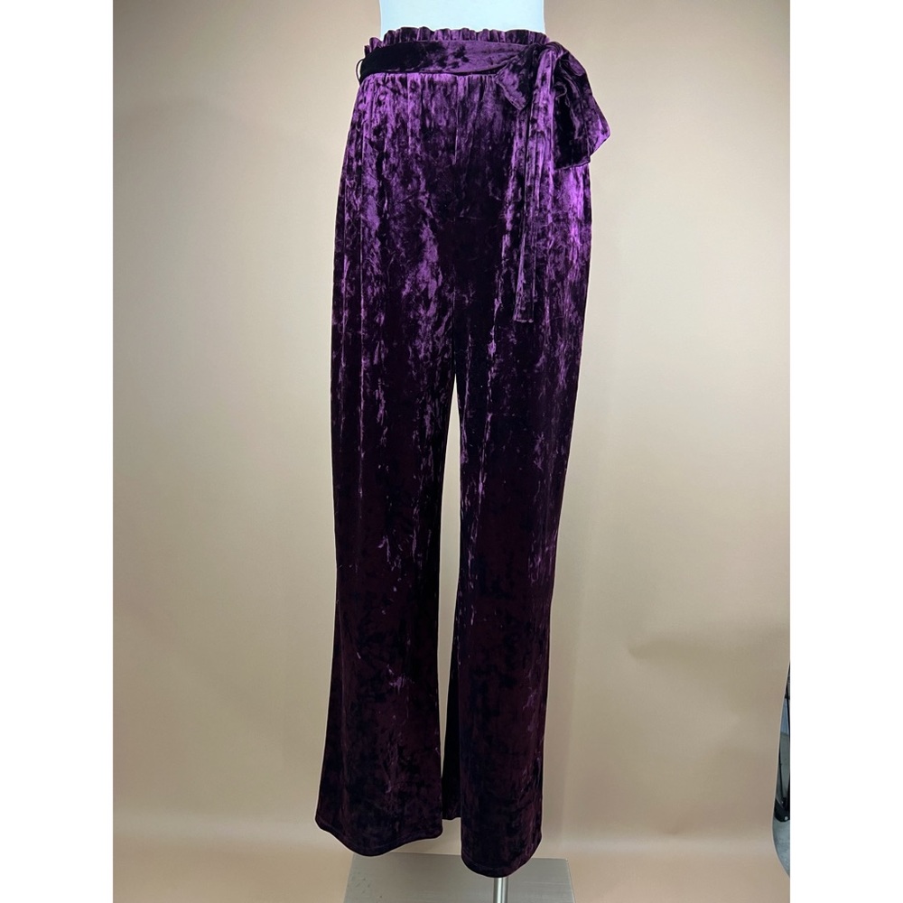 Forever 21 Maroon Purple Velvet Paper Bag Waist Wide Leg Pants